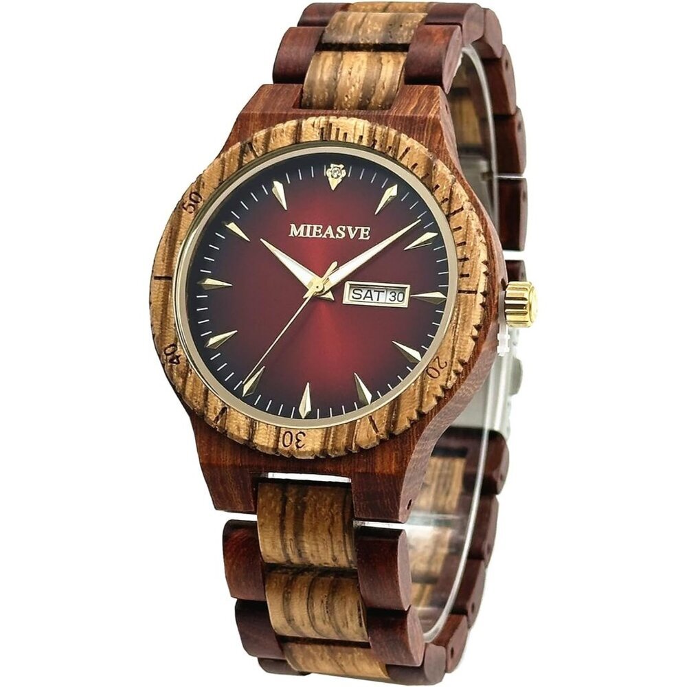 Men's Red Wooden Quartz Japanese Movement Calendar Display 42 Mm Watches